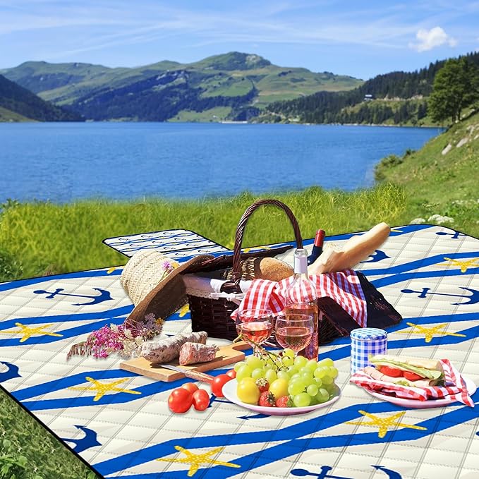 Poedist Extra Large Picnic Blanket Waterproof,80"x 80"Foldable Machine Washable Beach Blanket,Outdoor Blanket for 6-8 Adults,Suitable for Indoor Crawling,Park Beach,Camping,Hiking,Family Travel(Boat)