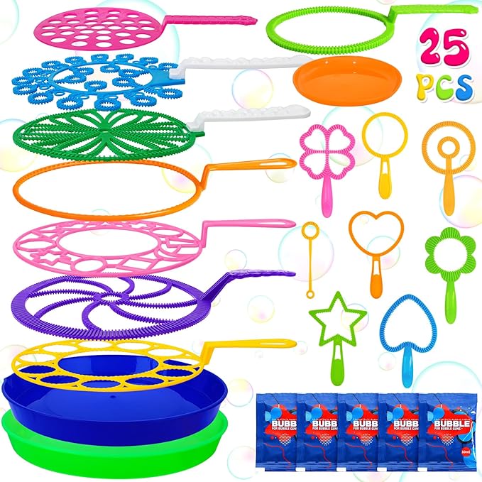 Roberly 25 PCS Big Bubble Wands Set with Tray Solution, Giant Bubbles Wands Toys for Kids Adults Summer Outdoor Activities Birthday Gifts Party Favors