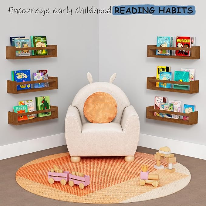 Walnut Brown Nursery Book Shelves Wall Mounted, Wooden Floating Bookshelf for Kids Room Bedroom, Dark Wood Nursery Bookshelves for Kitchen Classroom Playroom (Solid Pine, 3-Pack)