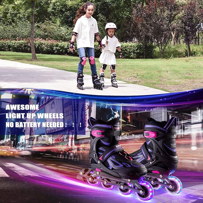2PM SPORTS Vinal Girls Adjustable Flashing Inline Skates, All Wheels Light Up, Fun Illuminating Skates for Kids Men Adult Women and Boys
