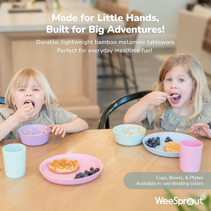 WeeSprout Bamboo Kids Bowls, Set of Four 10 oz Kid-Sized Dinnerware, Cereal, Leftovers & Snack Bowl, Dishwasher Safe (Blue, Yellow, Orange, & Red, 10 Oz)