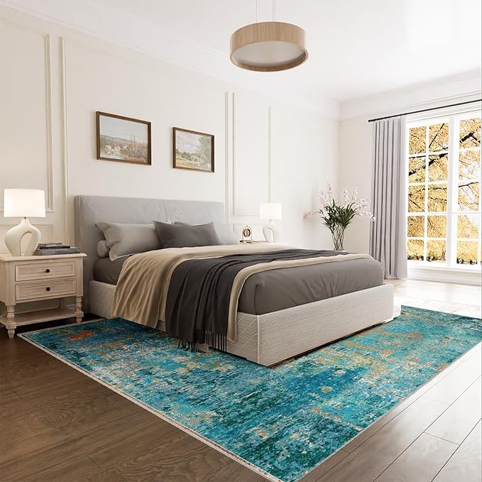 Washable Area Rugs 9'x12' Non-Slip Modern Abstract Soft for Living Room Entryway Bedroom Nursery, Print Pattern, Teal Blue Green Orange Rust Red Colorful