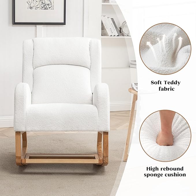 Rocking Chair Nursery, Nursing Rocking Chairs for Mom Nursery, Comfy Wingback Glider Rocking Armchair with Foot Rest and Side Pocket for Nursery Living Room Bedroom, Teddy White