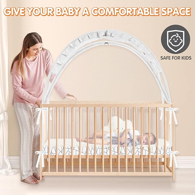 Crib Tent to Keep Baby from Climbing Out - Crib Net to Keep Baby in - Pop Up Breathable Cribs Cover - Canopy with Upgrade Strong Mesh and Durable Zipper (White - Lines, Lager)