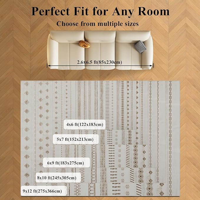 Washable Area Rugs 8x10, Large Rugs for Living Room, Carpet for Bedroom, Boho Soft Faux Wool Retro Dining Room (Beige) Rug, Non-Slip Backing Resistant Low Pile Vintage Print Rug for Home Office