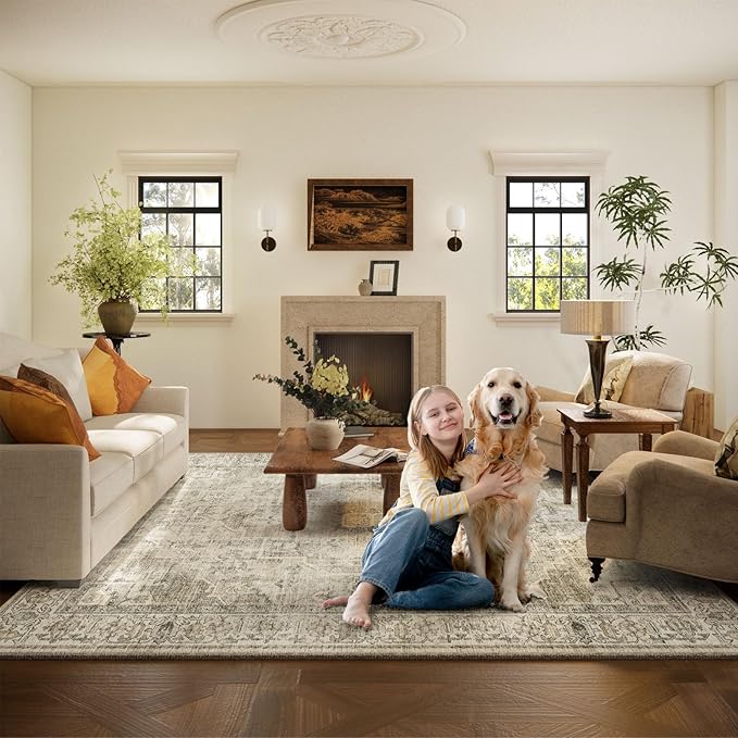 Washable Area Rugs for Living Room: 5x7 Bedroom Area Rugs Boho Vintage Rugs Stain Resistant Non Slip Low Pile Soft Lightweight Carpet for Kitchen Dining Room Farmhouse Nursery Kids Room Home Office