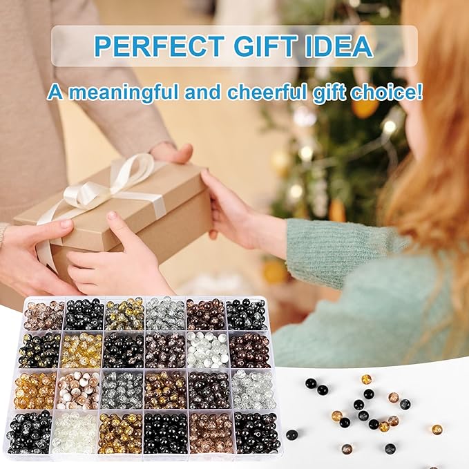 XSEINO About 1200PCS 6mm Crack Glass Beads,24 Assorted Crack Earthtone Blackwhite Series Colorful Crystal Beads for Bracelet and Jewelry Making and DIY Crafts,Friendship Bracelets