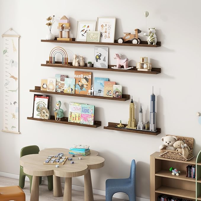 Picture Ledge Shelf - 24 Inches Floating Shelves Set of 2 - Rustic Elm Wood Ledge Shelves for Toys Storage, Kids Bookshelf Wall Mounted for Bedroom, Living Room, Kitchen - 24 Inches - Walnut Color