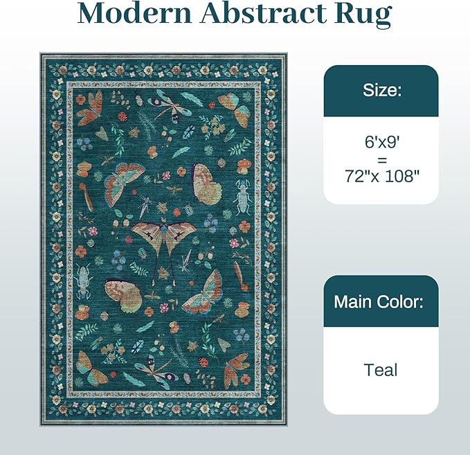 6x9 Rugs for Living Room with Insect Print - Bug Rug Non-Silp Stain Resistant Soft Carpet for Bedroom, Low Pile Ultra-Thin Machine Washable Carpet for Dining Room, Kids Nursery, Office (6'x9' Teal)
