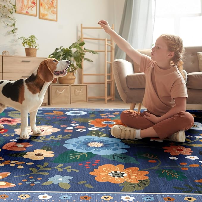 Floral 2x10 Area Rug Machine Washable Soft Print Boho Carpet Non Slip Doormat Low Pile Flower Area Rugs for Living Room Bedroom Nursery Kitchen Dining Room Indoor-Blue/Grey