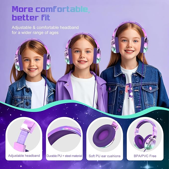 QearFun Kids Headphones Wired with Mic, 85/94dB Safe Volume Limit, Foldable Over Ear, Tangle-Free Cord & Sharing Port, Wired On-Ear Headset for School, Chromebook, Tablet, Travel - Boys & Girls