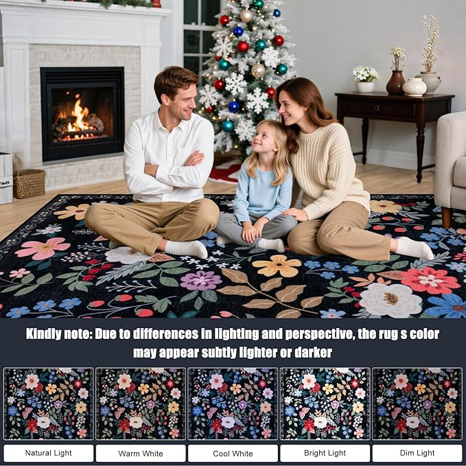 8x10 Area Rugs for Living Room: Washable Rug Vintage Large Soft Boho Floral Non-Slip Carpet Indoor Floor Stain Resistant Thin Carpets for Bedroom Dining Room Farmhouse Nursery Home Office Black