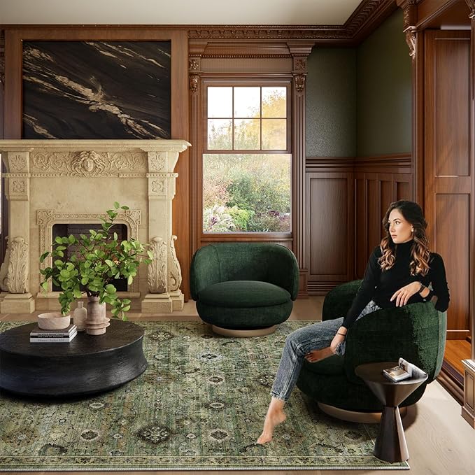 Washable Area Rugs for Living Room: 8x10 Rug Boho Vintage Rugs Stain Resistant Non Slip Low Pile Lightweight Soft Carpets for Bedroom Kitchen Dining Room Nursery Kids Room Farmhouse Home Office