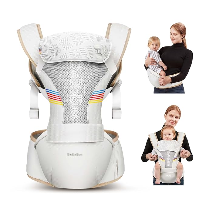 Baby Carrier with Hip Seat, BeBeBus 2-in-1 Ergonomic Newborn to Toddler Carrier up to 44 lbs, Detachable Hands-Free for Infant, All Season Forward-Facing Carry, Fits Waist Sizes up to 38 inch (White)