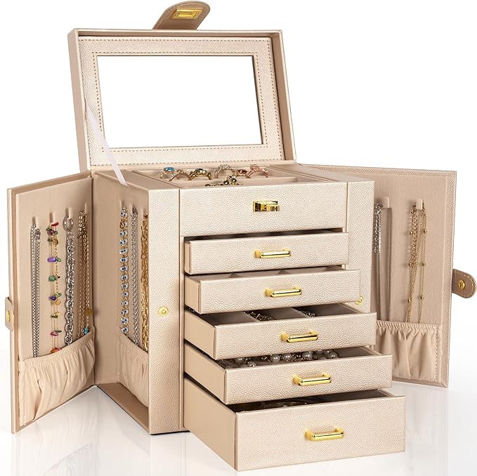 AKOZLIN 6-Tier Jewelry Box Organizer Functional Leather Jewelry Storage Case for Women Girls Ring Necklace Earring Bracelet Holder Organizer with Mirror