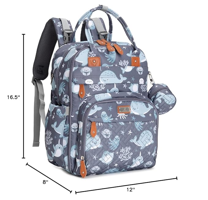 BabbleRoo Diaper Bag Backpack - Baby Essentials Travel Tote - Multi Function Waterproof Diaper Bag, Travel Essentials Baby Bag with Changing Pad, Stroller Straps & Pacifier Case - Unisex, Sea Animals