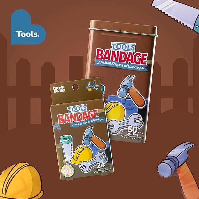BioSwiss Bandages, Tools Shaped Self Adhesive Bandage, Latex Free Sterile Wound Care, Fun First Aid Kit Supplies for Kids and Adults, 50 Count