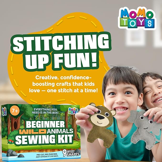 MOMOTOYS Wild Animals Beginner Sewing Kit for Kids Ages 7+ – Includes 9 Kids Sewing Projects with Tools & Art Supplies – DIY Felt Crafts for Girls & Boys – Gifts for 7, 8, 9, 10, 11, 12 Year Old