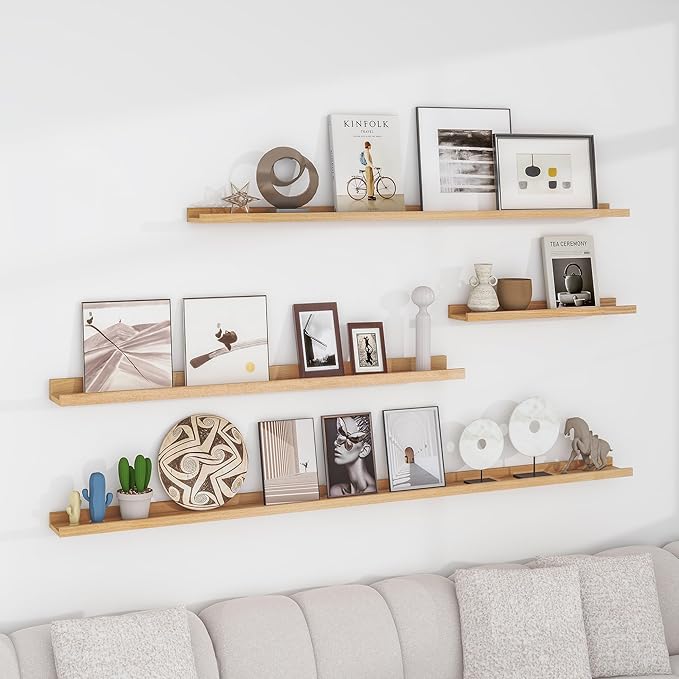 Solid Ash Wood Picture Ledge Shelf, 24 Inch Wood Floating Shelves with Lip Set of 2, Photo Ledge Shelf Nursery Bookshelf Wall Mounted for Living Room Bedroom Decor, Natural