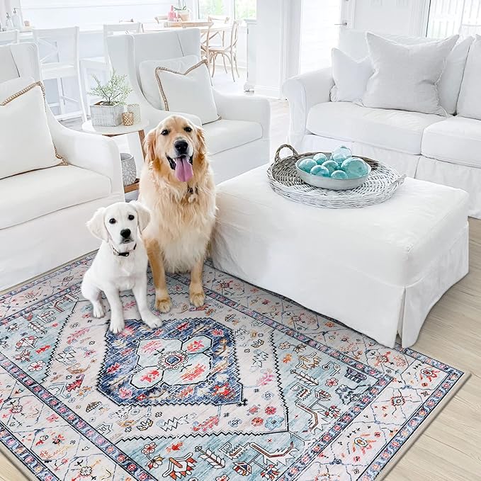 Lahome Boho Round Rug - 7Ft Washable Area Rug, Non-Slip Small Bathroom Rug, Lightweight Bedroom Throw, Oriental Distressed Print Carpet for Entryway, Sofa, Nursery, Kids Room