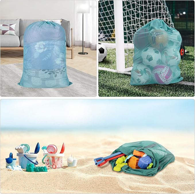 Polecasa Heavy Duty Diamond Large Mesh Laundry Bag with ID Tag and Locking Drawstring Closure - 24 x 36 inches - Laundry Hamper Liner, Washable Laundry Bags for Travel, Sports, Dorms (Aqua)