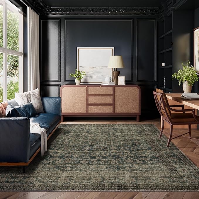 Washable Living Room Area Rug: 10x14 Rugs for Bedroom Vintage Stain Resistant Non Slip Low Pile Large Boho Carpet for Kitchen Dining Room Farmhouse Kids Room Nursery