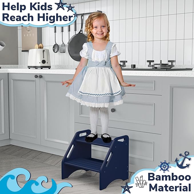 AMBIRD Wooden Step Stool, Two Step Stools Toddler 300 lbs Capacity with Safety Non-Slip Pads and Handles, Bamboo Step Stool for Bathroom, Kitchen Dual Height Step Stools for Kids (Navy Blue)