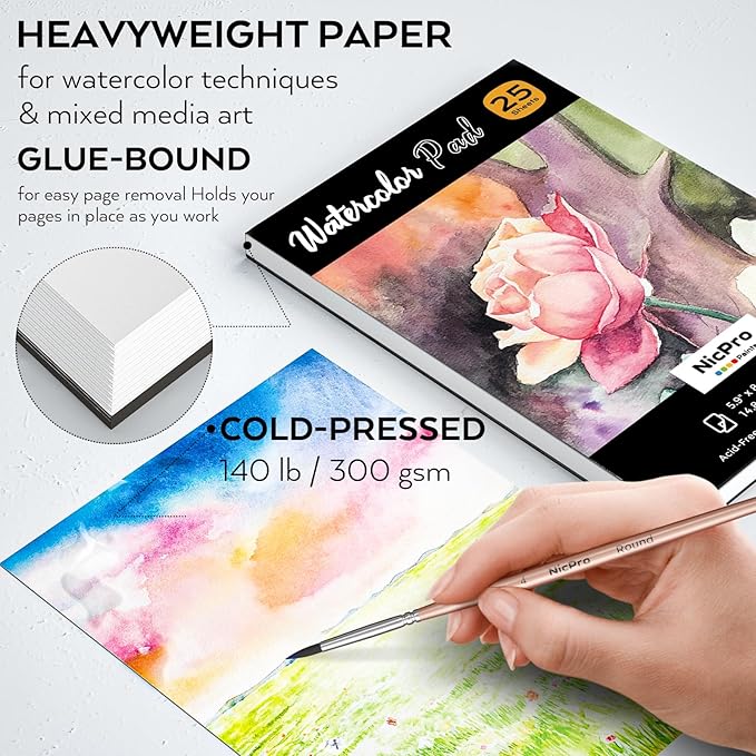 Nicpro 60 PCS Watercolor Paint Set for Adults, Beginner & Artists, 24 Tubes Water Color Paint Kit with 25 Watercolor Paper, 8 Squirrel Paint Brushes, Palettes, Color Wheel, Art Painting Supplies