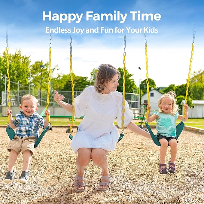 PACEARTH 3 Pack Swings Seats Holds 660lbs with 68.9 inch Anti-Rust Chains Plastic Coated 23.6 inch Tree Hanging Straps and Locking Buckles Playground Swing Set Accessories Replacement - Green