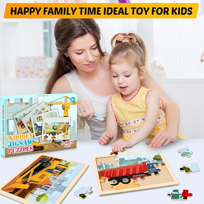 Wooden Puzzles for Kids Ages 4-6, 4 Packs 24 PCS Construction Vehicle Jigsaw Puzzles for Kids Ages 3-5, Preschool Educational Puzzles Boards Toys Gifts for Boys Girls