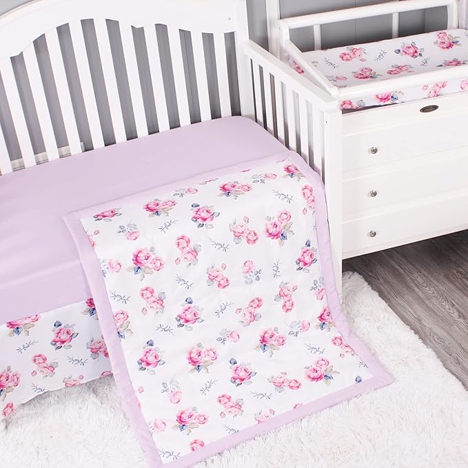 Belsden Floral 3 Piece Crib Bedding Set for Baby Boys Girls, Classic Nursery Bedding Essential Including Comforter, Crib Sheet and Crib Skirt, Ultra Soft Cozy, Floral Purple