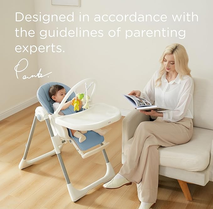 KÜB 3-in-1 Foldable Baby High Chair, 7 Height & 4 Recline Adjustable Seat & Tray for Easy Clean, 2 Locking Wheels, Multifunctional Infant High Chairs for Babies and Toddlers (Blue, with Toys)