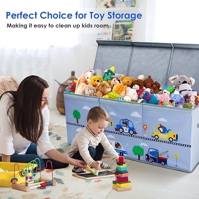 Toy Box Chest for Kids, Collapsible Oxford Toy Storage Box with Handles for Boys, Extra Large Sturdy Waterproof Toy Organiser for Bedroom Playroom, 37.7×12.5×15.7 Inch (Animal Cars)