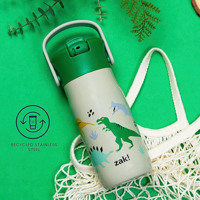 Zak Designs Harmony Kid Water Bottle for Travel or At Home, 14oz Stainless Steel is Leak-Proof and Vacuum Insulated (Dinosaur)