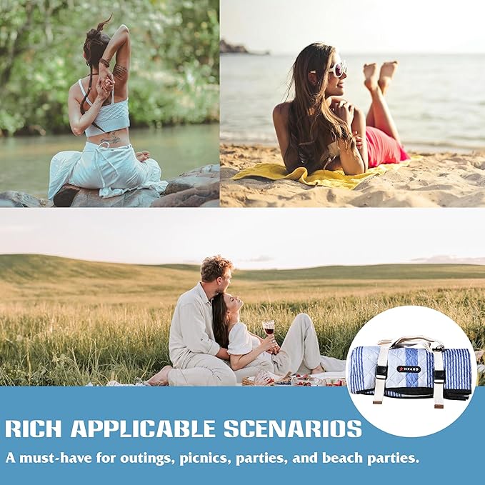 Waterproof Picnic Mat, Outdoor Camping Oversized Field Blanket. Portable Thickened Camping Blanket, Suitable for Beach, Camping, Music Festival, Party, Outdoor Adventure. (Blue & White, 80”x80”)