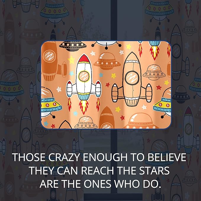 Kids Space UFO Rocket Blackout Curtains - 100% Blackout, Thermal Insulated, Noise Reducing, Perfect for Kids Room and Nursery, 2 Panels (Sunny Space Parade, W52×L84)