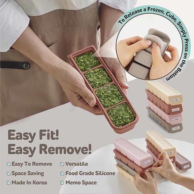 Silicone Freezer Trays with Lid, 1.7oz 4 Section - Leak Proof Silicone Freezer molds for Homemade Baby Food Breastmilk, Purees, Vegetables, Baby Food Jars Ice Tray with Lid BPA Free Pastel Pink