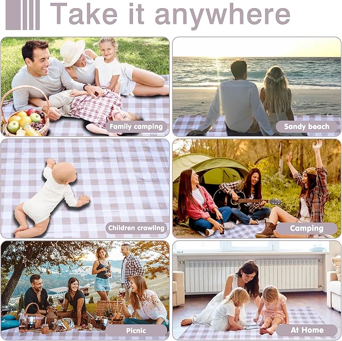 80"x60" Waterproof Sandproof Picnic Mat - Portable Foldable Outdoor Blanket for Beach, Park, Travel & Indoor Use - Lightweight Compact Design, Easy-Carry (Light Brown)