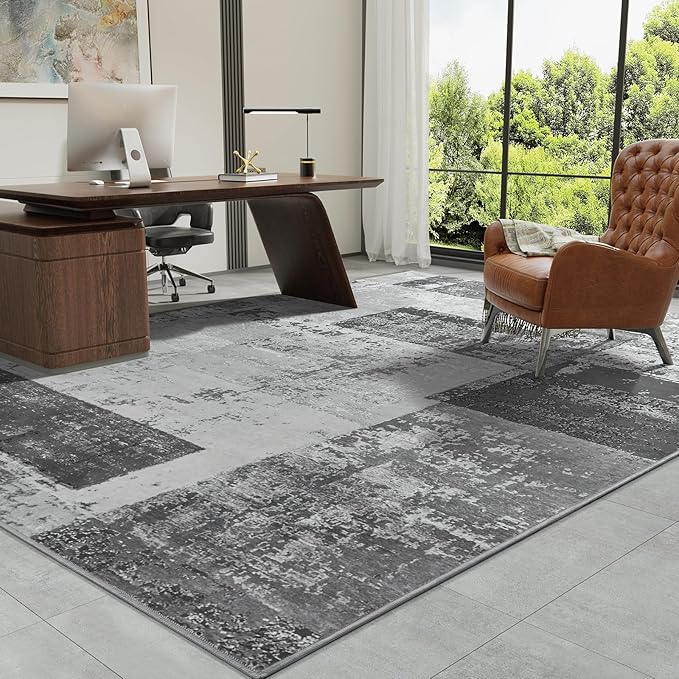 LOCHAS Rug for Living Room, Washable Soft Area Rugs for Bedroom 9x12, Abstract Carpet for Indoor Office Kids Dining Room Nursery Floor, Grey Geometric Vintage Home Decor, Non Slip, Pet Child Friendly