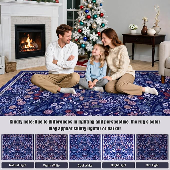 6x9 Area Rugs for Living Room: Floral Washable Rug Vintage Large Soft Boho Non-Slip Carpet Indoor Floor Stain Resistant Thin Carpets for Bedroom Dining Room Farmhouse Nursery Hallway Home Office Blue