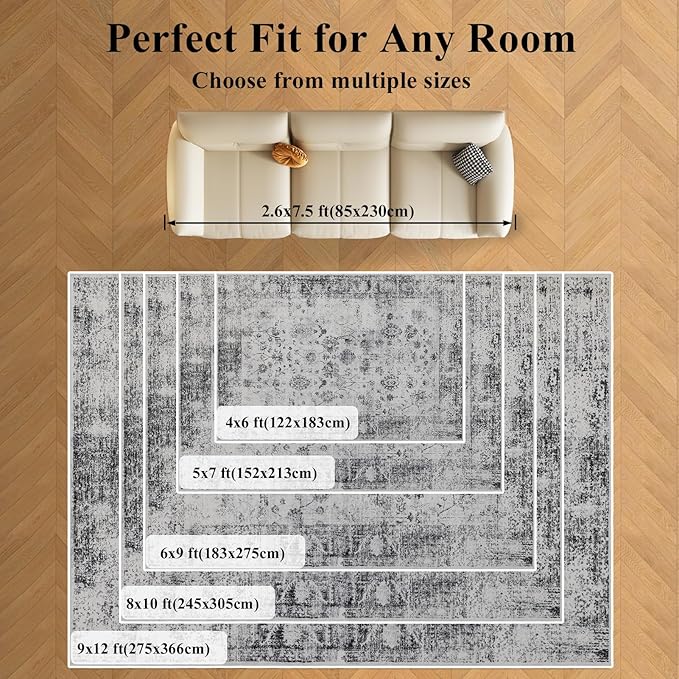 Washable Rugs 5x7 Area Rugs for Living Room, Thin Carpet for Bedroom, Soft Faux Wool Retro Dining Room Rug,Non Slip&Non-Shedding Resistant Low Pile Vintage Print Rug for Home Office (White/Grey)
