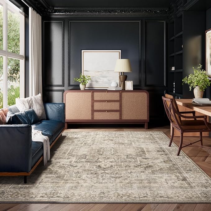 Washable Area Rugs for Living Room: 9x12 Bedroom Area Rugs Boho Vintage Rugs Stain Resistant Non Slip Low Pile Soft Lightweight Carpet for Kitchen Dining Room Farmhouse Nursery Kids Room Home Office