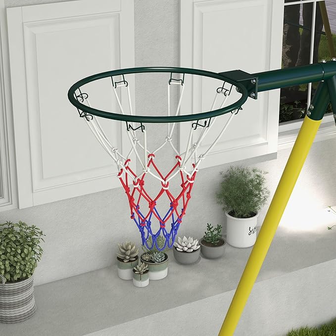 Outsunny 440 lbs Swing Set for Backyard, 5 in 1 Heavy-Duty A-Frame Stand Outdoor Playset for Kids, with Saucer Swing, Slide, Swing Seats, Gym Rings, Basketball Hoop, Climbing Steps and Net