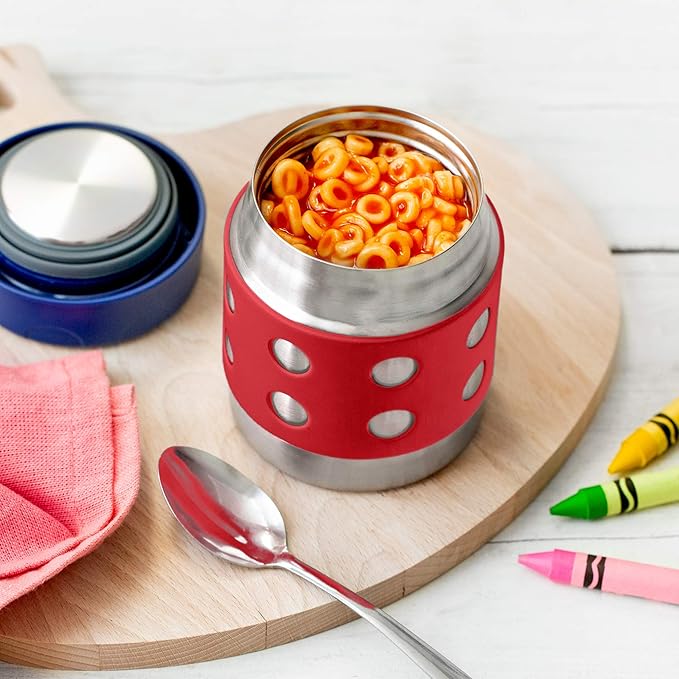 LunchBots Thermal 8 oz Triple Insulated Thermos - Hot 6 Hours or Cold 12 Hours - Leak Proof Thermos Soup Jar - All Stainless Interior - Navy Lid - Red Dots