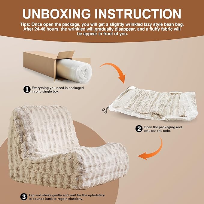 Modern Bean Bag Chair, Large Bean Bag Couch for Adults with Memory Foam Filled, Soft Faux Bunny Fur Lazy Chair for Living Room Bedroom Dorm Apartment, No Assembly Required, Beige