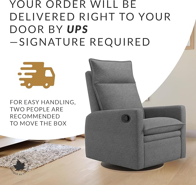Jaymar Arya Modern Nursery Glider Recliner Chair – Cozy Nursing Chair with 360° Swivel for New Parents, Gentle Motion, Compact Design, High Back & Low Armrests, Canadian Made (Charcoal/Nexus Fabric)