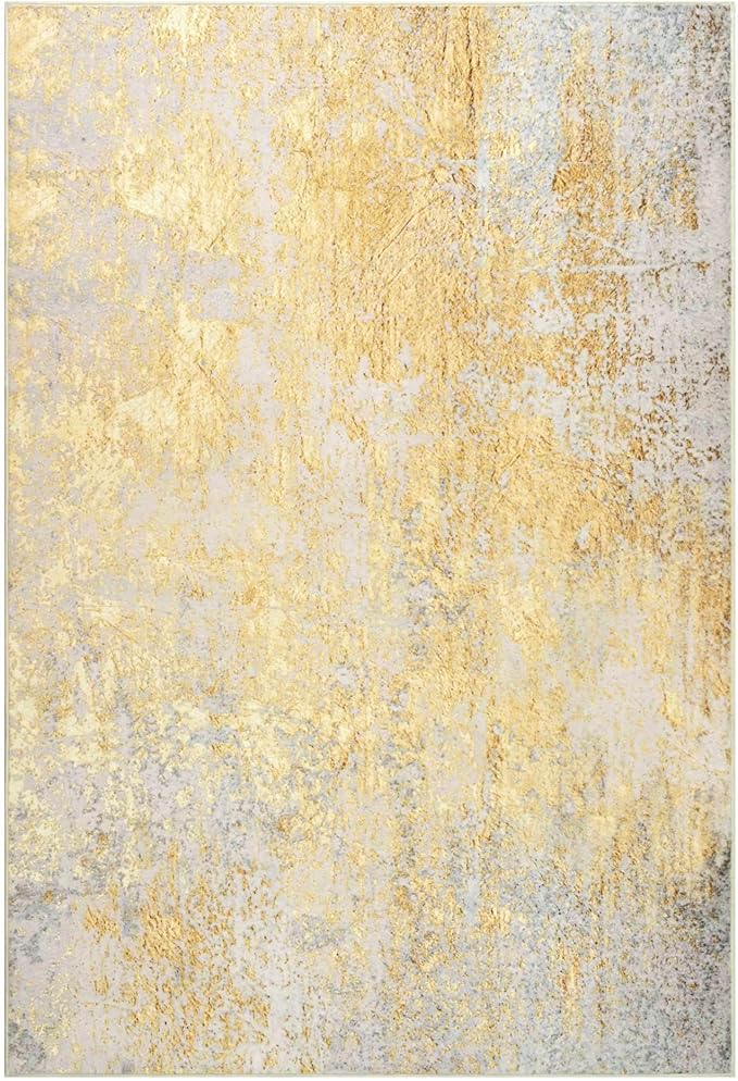 Living Room Rugs 6x9 Gold Washable Area Rug, Abstract Modern Bedroom Rugs Non Slip Stain Resistant Neutral Large Carpet for Nursery, Dining, Kids Playroom, Dining Room, Office