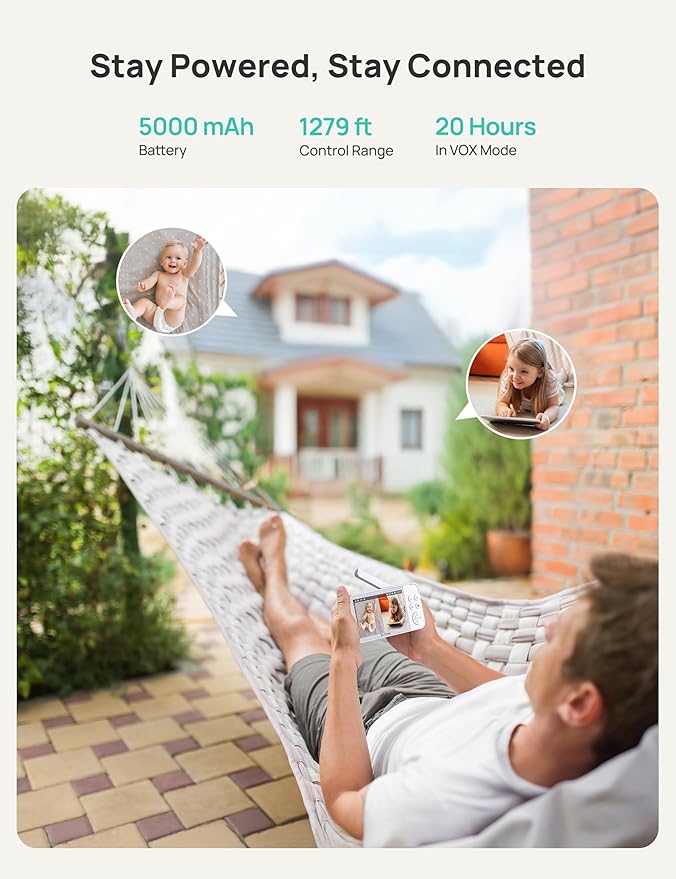 VistaView Smart WiFi Baby Monitor - 5” 1080P Split Screen & 2K Camera App Control, Cry & Motion Alerts, HD Night Vision, 5000mAh Battery, 2-Way Talk, Multi-User, Triple Security, 1279ft Range