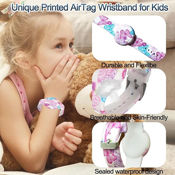 Waterproof Bracelet for AirTag Kids, Hidden Printed Wristband for Apple Air Tag, Silicone Holder for AirTag GPS Tracker Case for Band for Child Toddler, Secure Anti-Lost Protection(Butterfly)