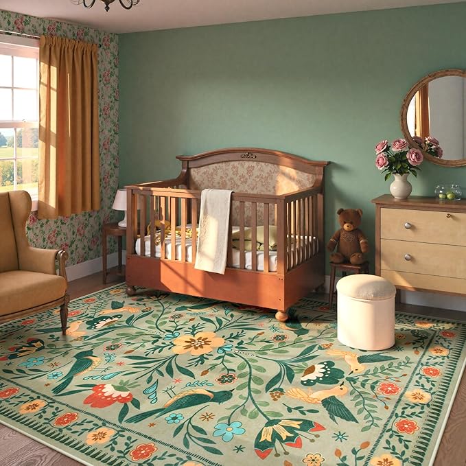 Moynesa Washable 8x10 Area Rugs for Living Room, Ultra Thin Soft Boho Bedroom Rug Stain Resistance, Low Pile Indoor Bird Pattern Sage Green Large Carpet for Nursery Dining Room Under Table